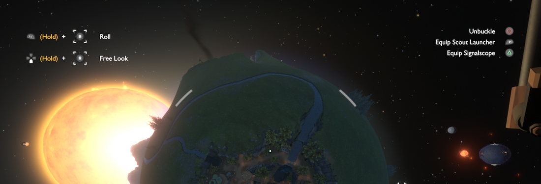 Screenshot from the game Outer Wilds, showing a first-person view of a small round planet in the foreground, and a bright star in the background, from a spaceship cockpit.