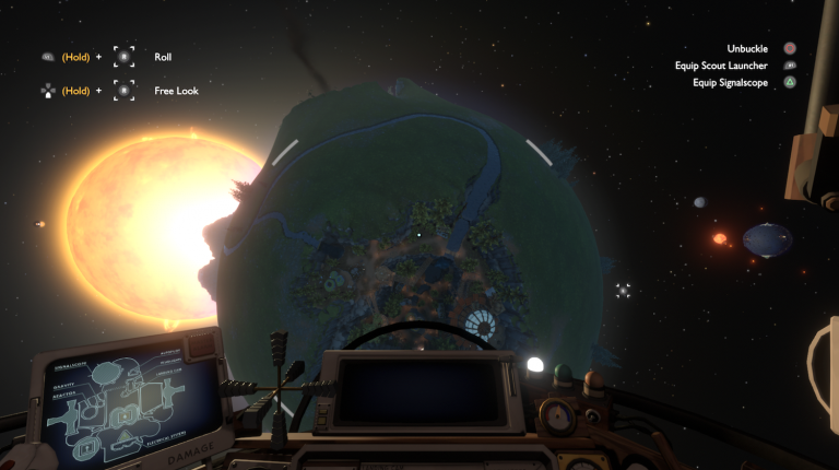 Screenshot from the game Outer Wilds, showing a first-person view of a small round planet in the foreground, and a bright star in the background, from a spaceship cockpit.