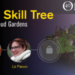 CSI Skill Tree banner, featuring a screenshot from the game Cloud Gardens, showing plants overgrowing an abandoned car and other refuse. Superimposed on the image are headshots of our guest speakers, Ken Liu and Liz Fiacco.