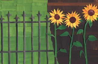 A paint and paper collage of a wrought iron fence over grass transitioning to tall sunflowers over rich brown soil.