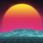 A pink, yellow, and orange sunrise over a blue digitized mountain.