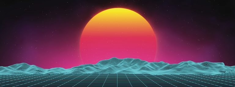 A pink, yellow, and orange sunrise over a blue digitized mountain.