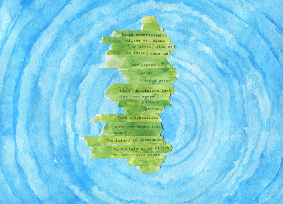 A collage art piece with the following text on the image:
Image description
Collage art piece, an aerial view of an island made up of paper stained green with descriptive text cut into short phrases printed from a typewriter onto parchment-like paper. The island is surrounded by multiple rings of ink on watercolor paper