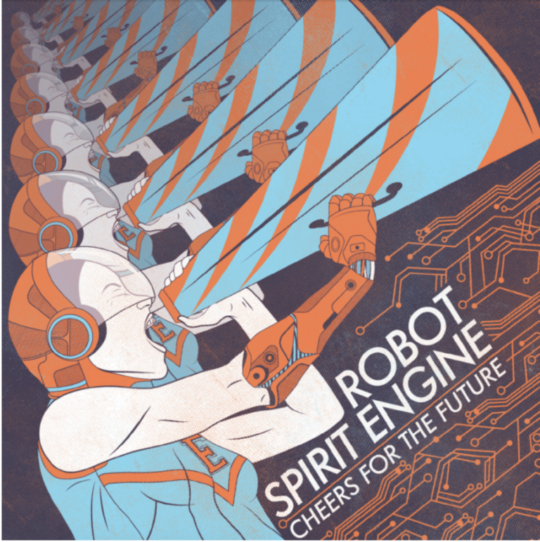 Book cover for Robot Spirit Engine, robots speak into a megaphone