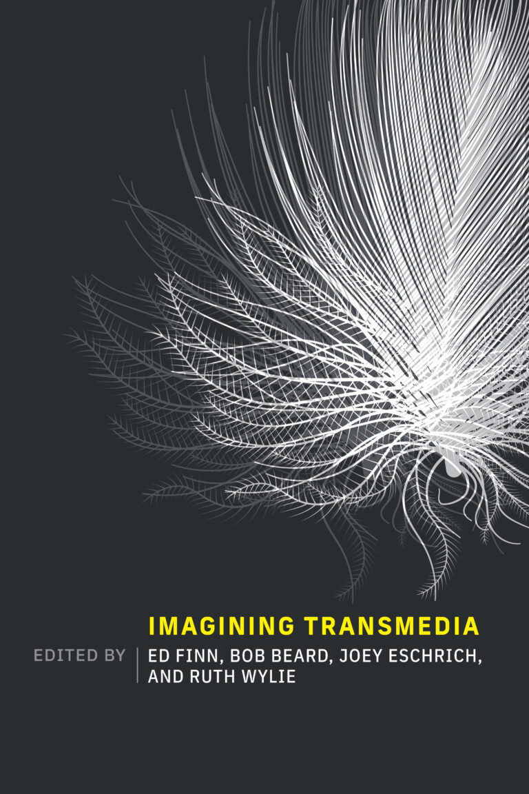 Book cover for "Imagining Transmedia." The book's title is in bright yellow type against a black background. The cover is dominated by a white image of a plant or root structure with many overlapping tendrils.