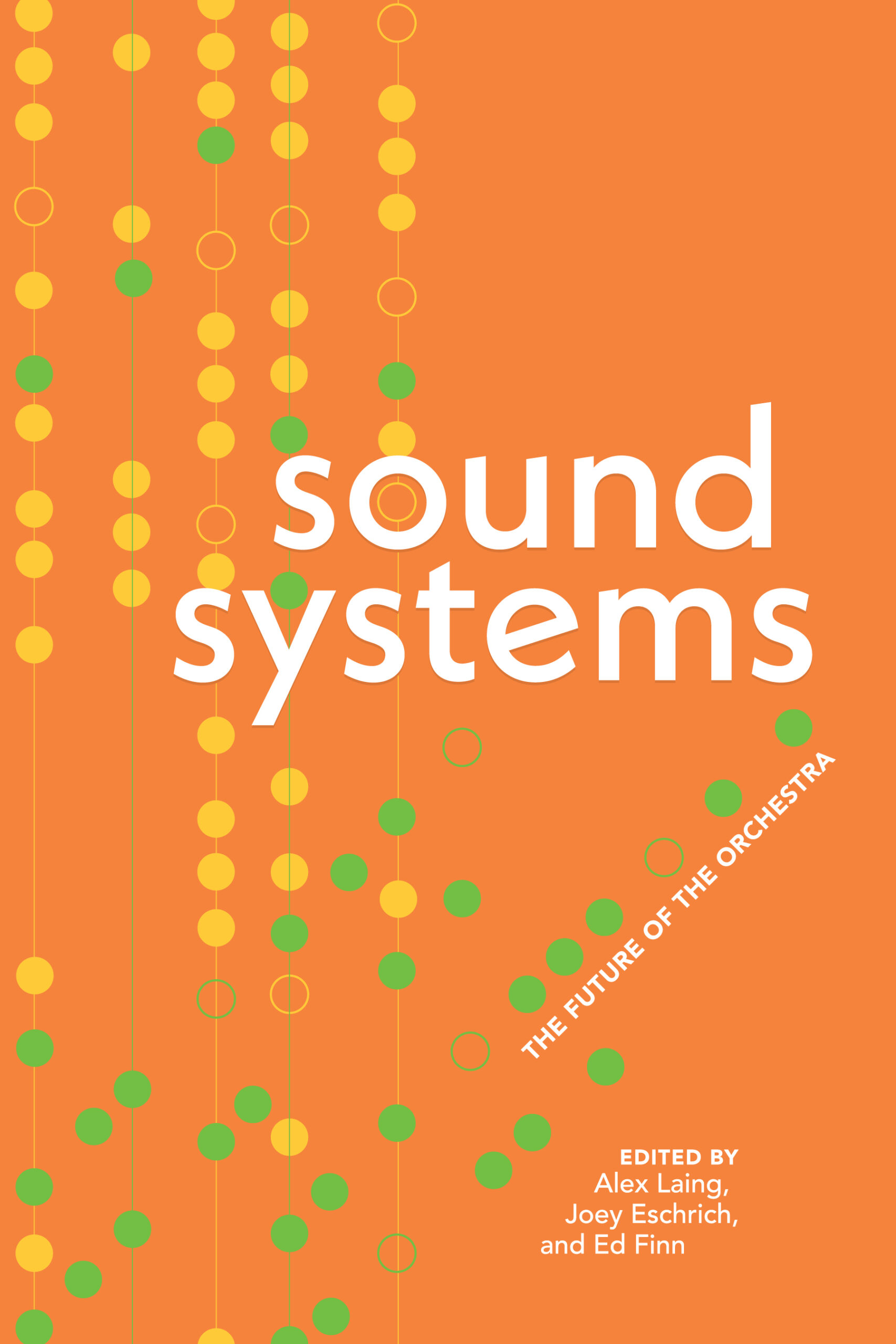 orange background with small circles lined up on a string, with the text "Sound Systems The Future of the Orchestra"