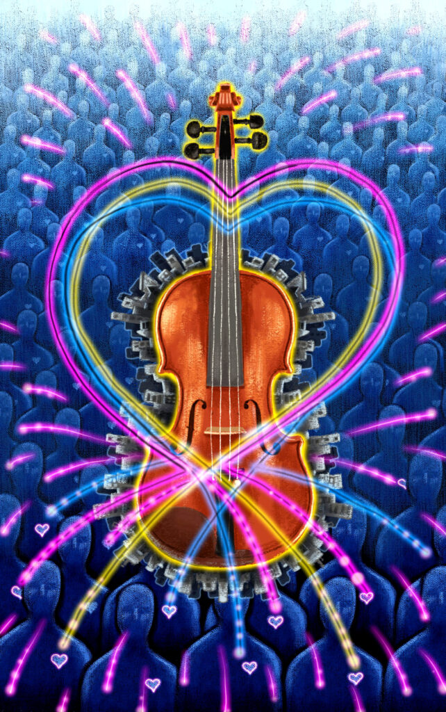 Illustration of a violin superimposed over a crowd of people. Around the edges of the violin, buildings sprout, like a skyline. From the crowd in the background, rainbow strands of light emanate, and form a heart that rings the violin.