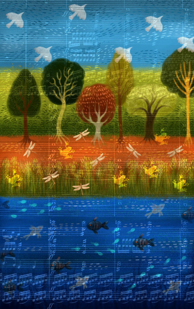 An illustration combining sheet music with a layered set of horizontally layered natural scenes: a sky with clouds, trees, a ground layer with bugs and amphibians, and a water layer with fish.
