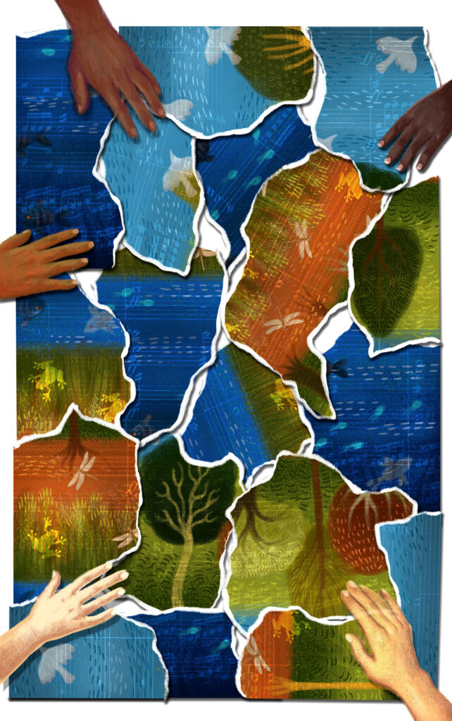 Illustration of a natural scene blended with sheet music. The scene, which contains sky, trees, ground, and water elements, is torn into scraps like paper. From the borders of the illustration, five hands emerge as if to reassemble the torn pieces.