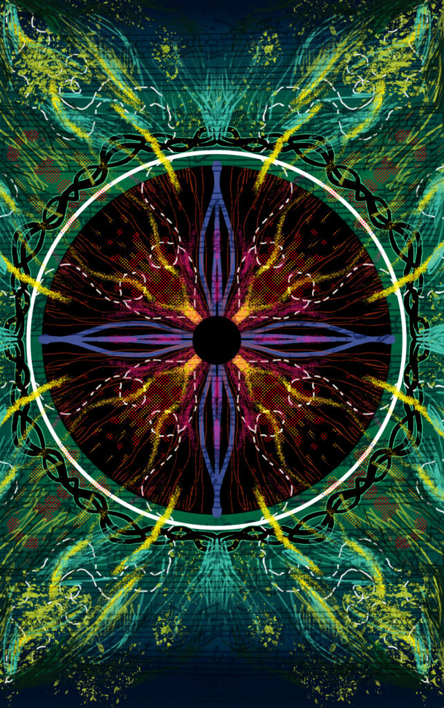 A colorful, visually dense composition organized around a circle outlined in white. The circle may or may not resemble an eye, and its interior, as well as the space around it, are filled with colorful marks and patterns in shades of green, yellow, red, and purple.