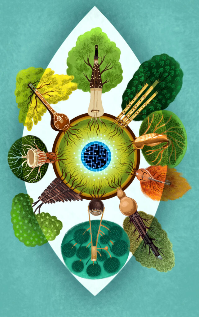 Illustration of a circular planet, with visual motifs reminiscent of circuitry, and an eye, inside the circle. From the edge of the circle grow 9 trees of different shapes and colors. The trunk of each tree resembles a real or fictional musical instrument.