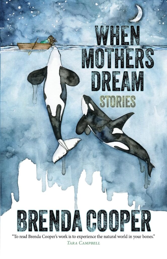 Cover of a book with watercolor painted killer whales befriending a person with long hair in a small boat at night